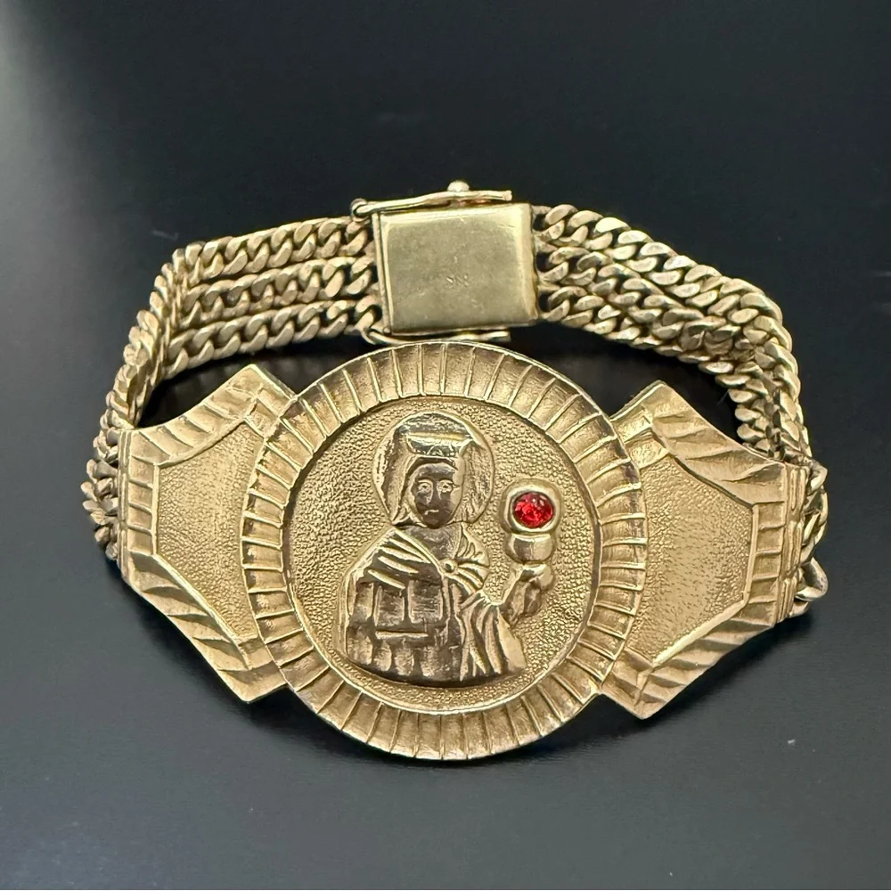 Vintage Saint Barbara Medallion Gold Triple Cuban Link Chain Religious Bracelet - Picture 2 of 16
